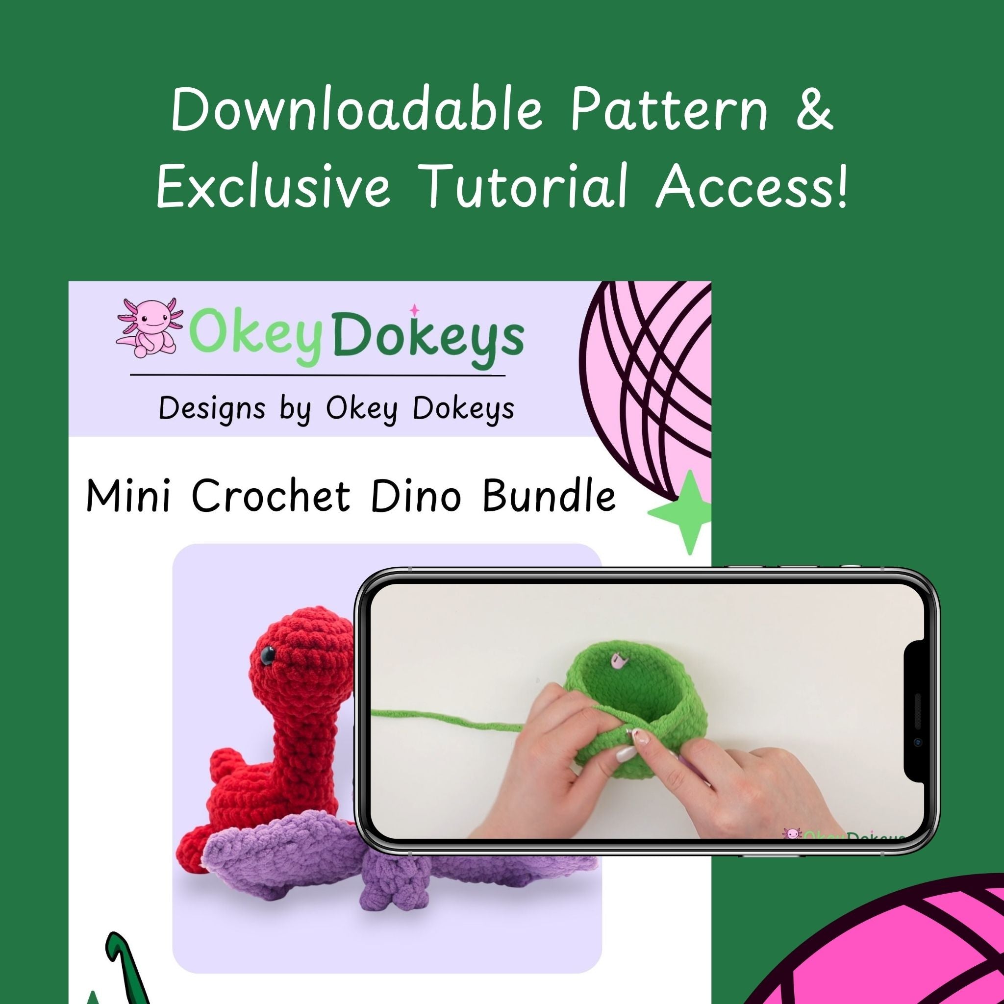 Promotional graphic for Mini Crochet Dino Bundle with phone showing tutorial and dinosaur toys on green background.