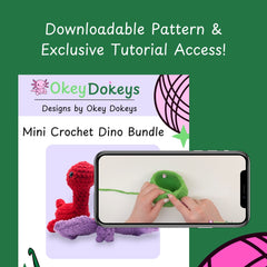 Promotional graphic for Mini Crochet Dino Bundle with phone showing tutorial and dinosaur toys on green background.