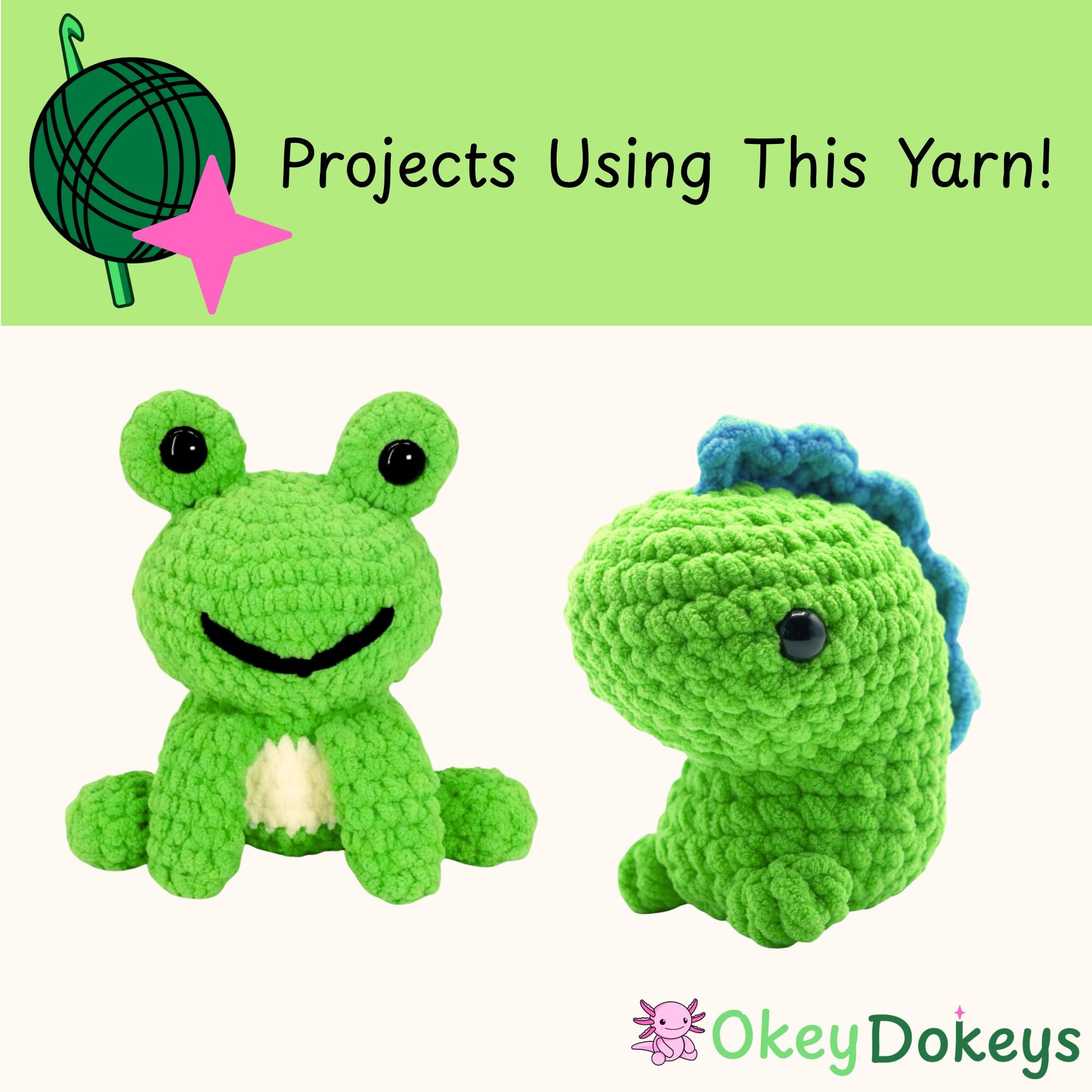 Two green crochet frogs with a ball of yarn and text about yarn projects on a light green background.