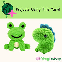 Two green crochet frogs with a ball of yarn and text about yarn projects on a light green background.