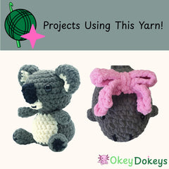 Two crocheted chenille chunky yarn animals, one gray and white koala, the other gray with a pink bow, on a light gray background with 'Okey Dokeys' branding.