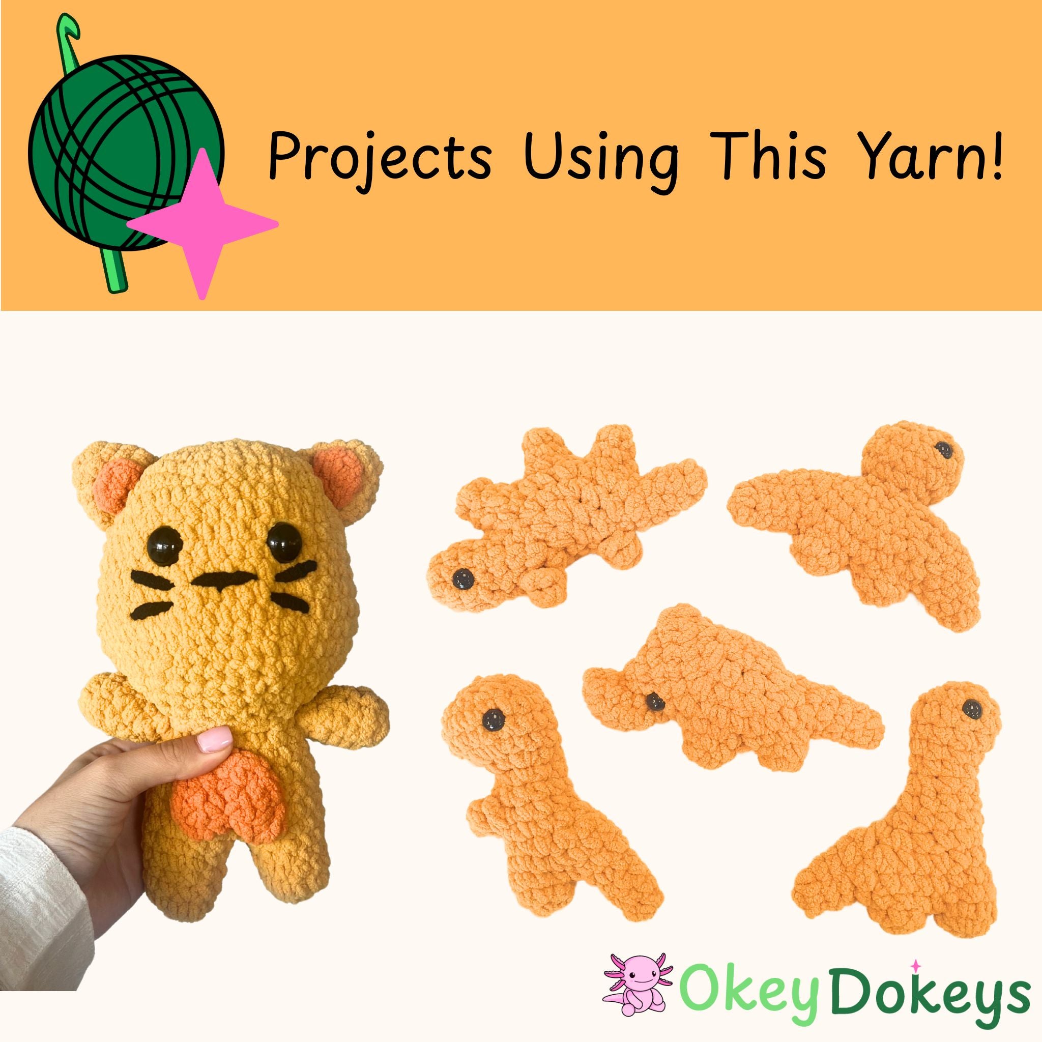 Hand holding a crocheted cat toy with other crocheted toys on a white background, featuring 'Okey Dokeys' brand. made with bulky chenille yarn