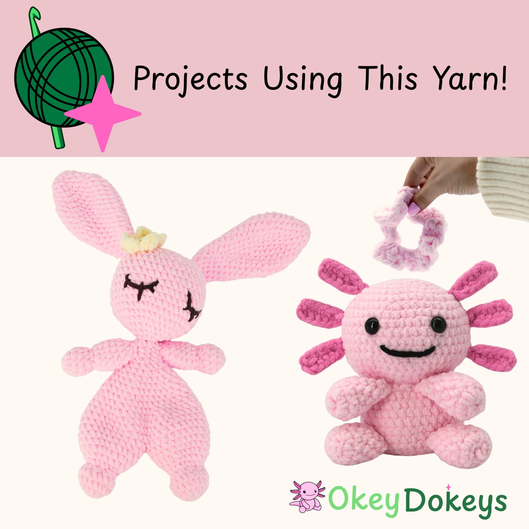 Two pink crochet toys with a hand holding yarn, featuring 'Okey Dokeys' branding on a pink background.