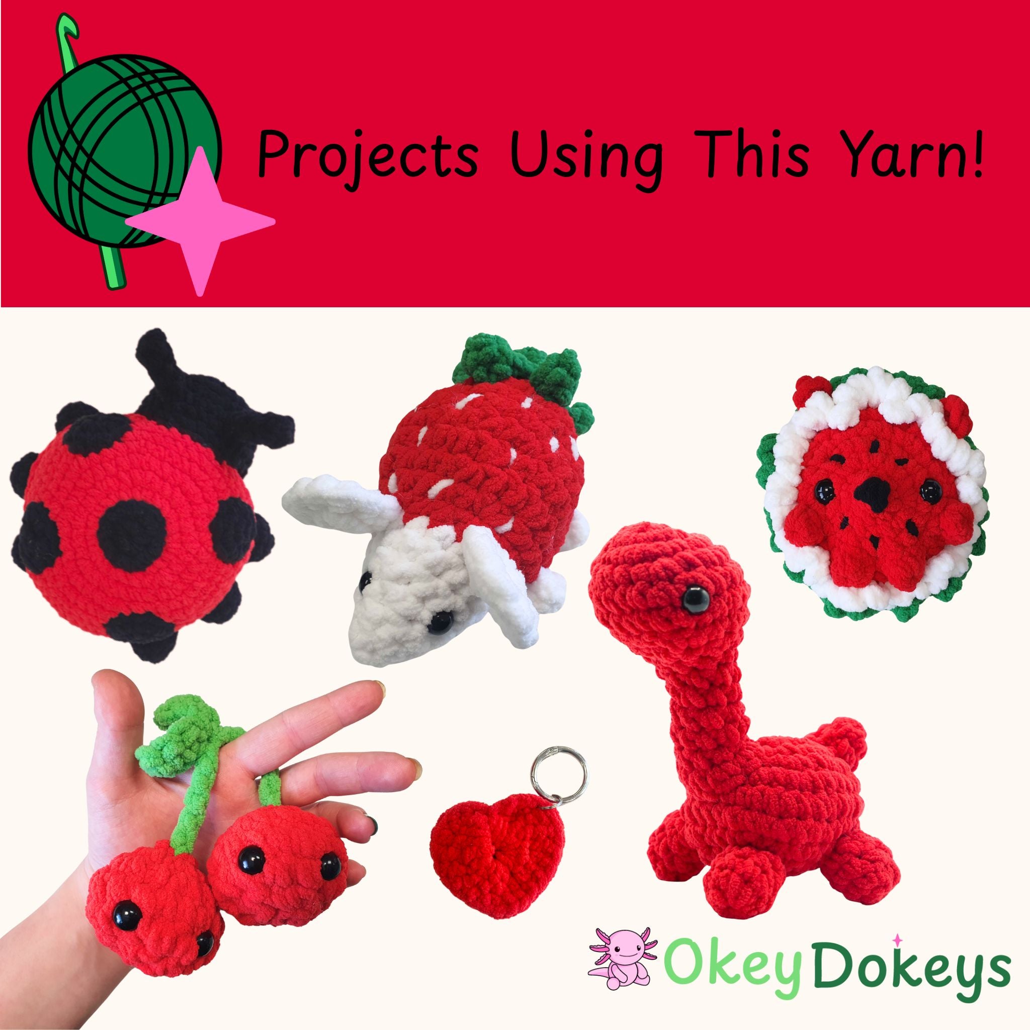 Collection of crochet toys including a ladybug, strawberry, and dragon, with 'Okey Dokeys' branding.