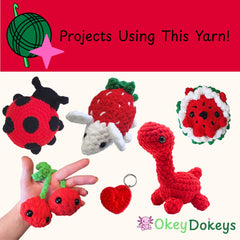 Collection of crochet toys including a ladybug, strawberry, and dragon, with 'Okey Dokeys' branding.