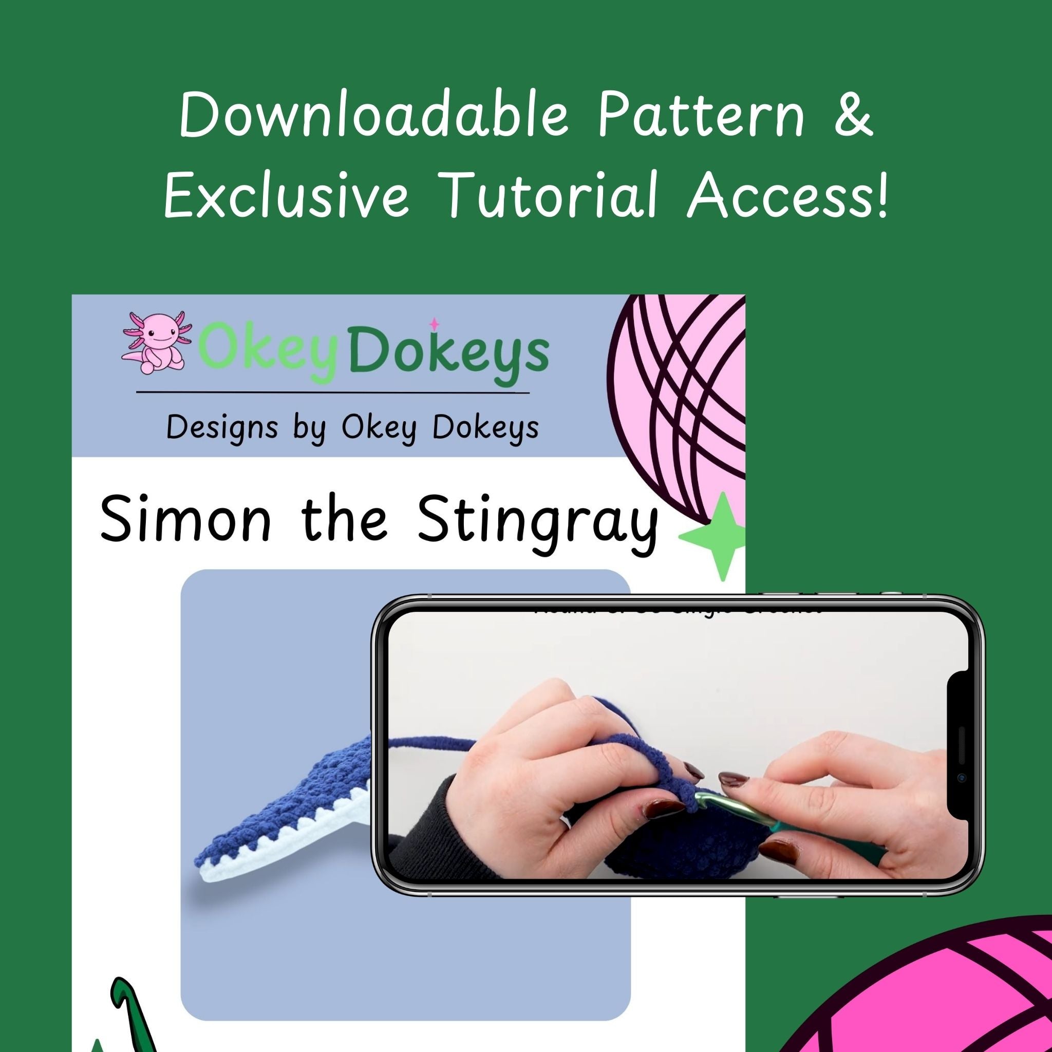 Promotional graphic for 'Simon the Stingray' with a phone displaying a crochet pattern and text about downloadable pattern and tutorial access.