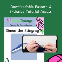 Promotional graphic for 'Simon the Stingray' with a phone displaying a crochet pattern and text about downloadable pattern and tutorial access.