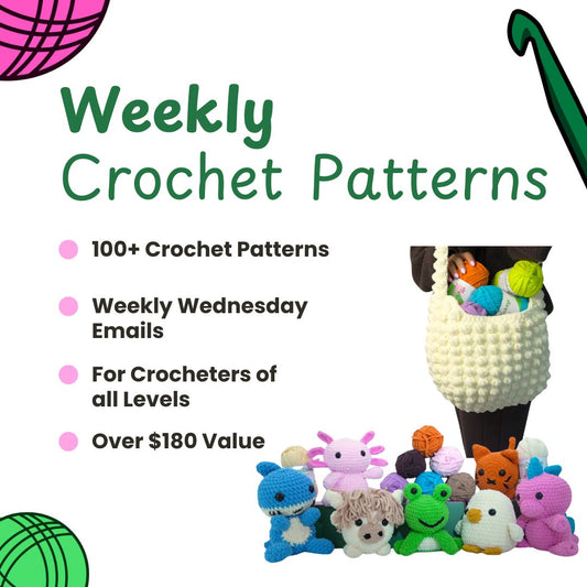 Promotional graphic for a Crochet Pattern Yearly Subscription, featuring text about the subscription benefits and a collection of various crochet projects like toys and garments.