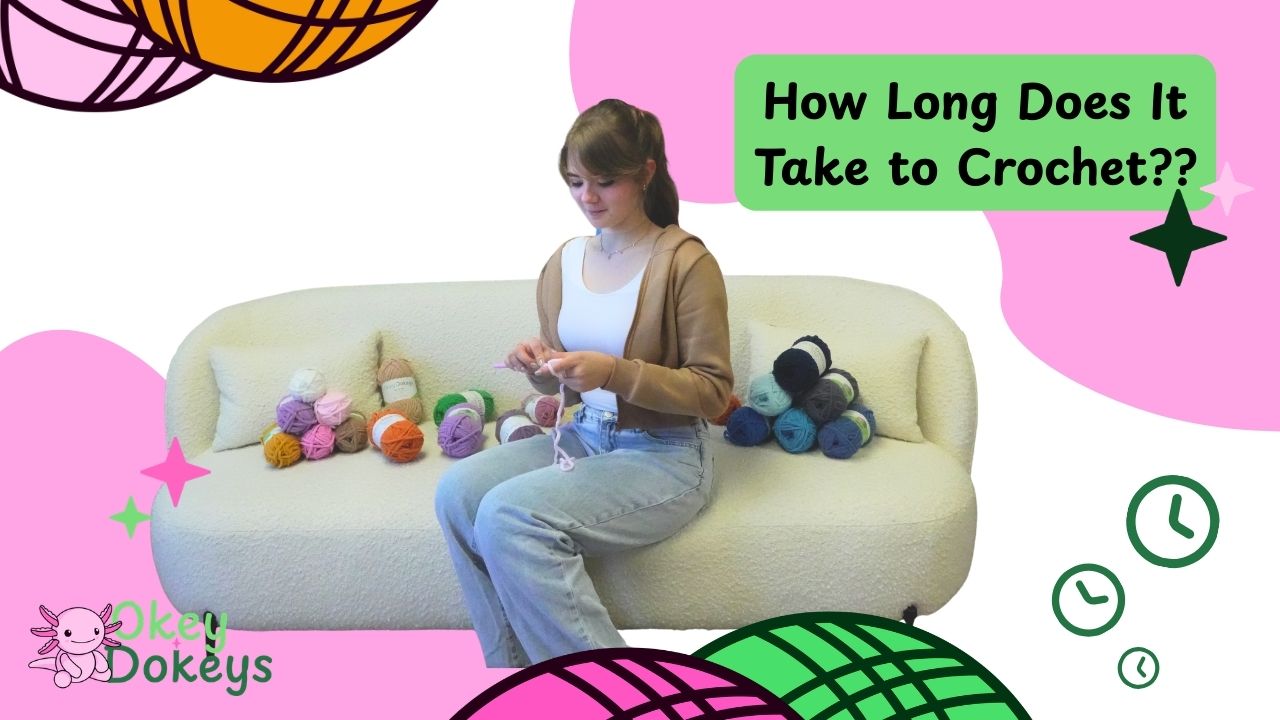 how long does it take to crochet beginner crocheter sitting on couch with yarn skeins learning crochet