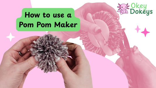 How to use a pom pom maker tutorial showing hands holding a finished yarn pom pom, with step-by-step pom pom making visuals in the background.