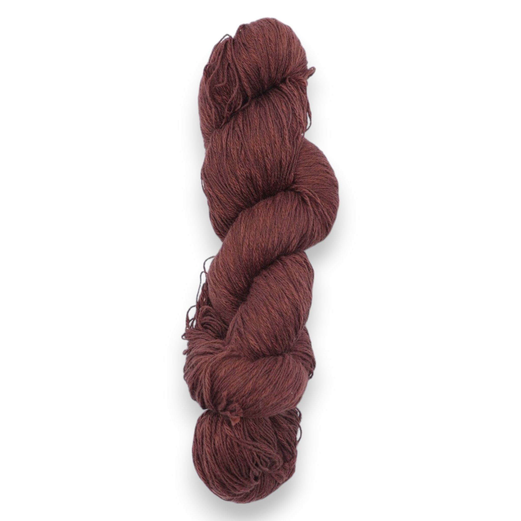 A skein of dark brown cotton slub yarn.