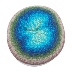 Multicolored yarn ball with blue, green, and brown tones on a white background