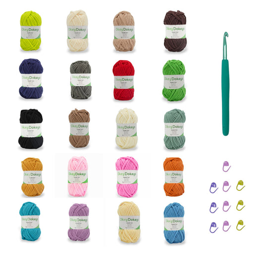 A collection of 20 skeins of super bulky chenille yarn in various colors, accompanied by a crochet hook and stitch markers.