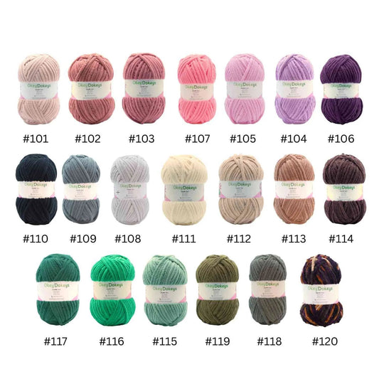 Assorted skeins of yarn in various colors with labels on a white background