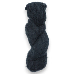 A skein of fuzzy lace yarn in a black color, displayed against a plain background.