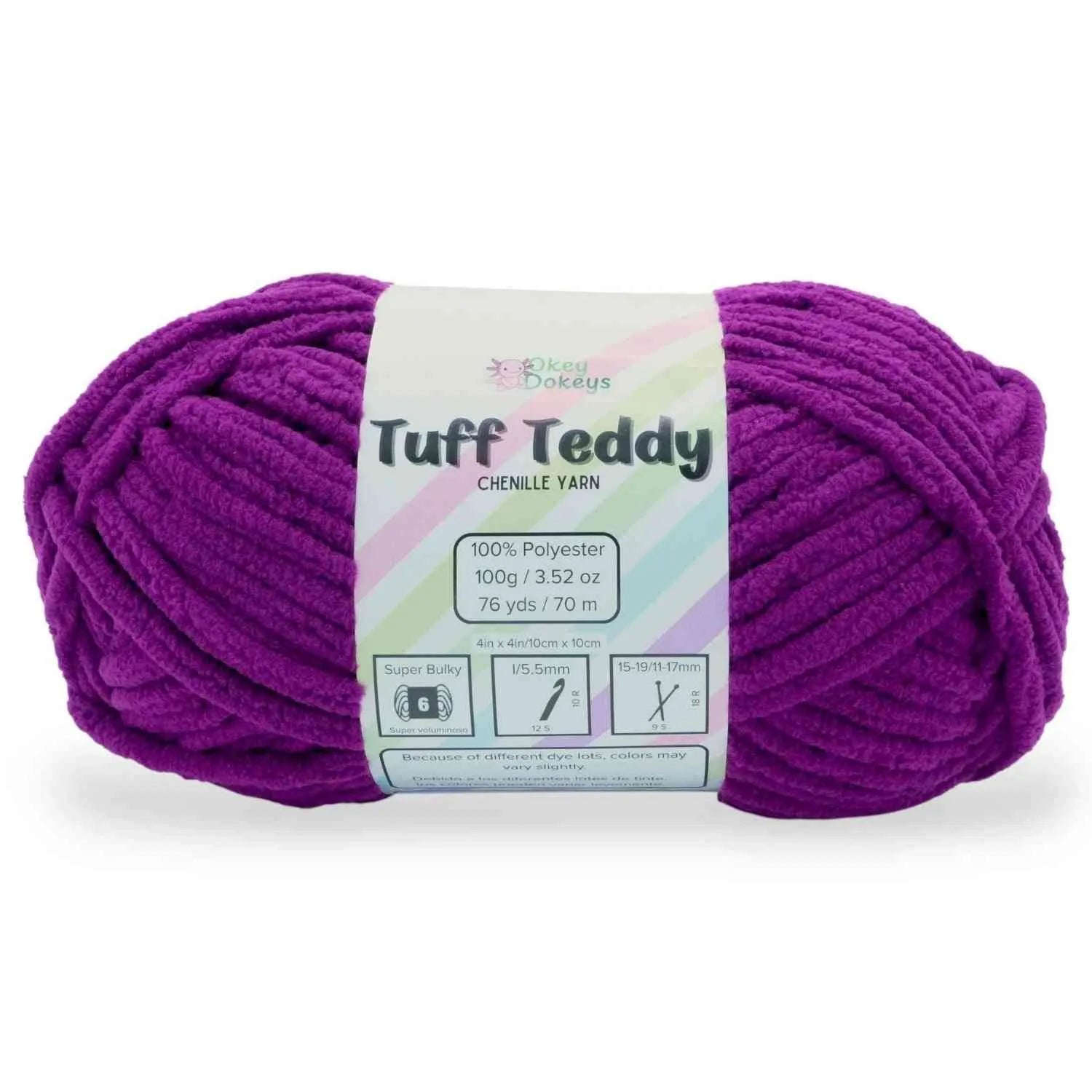Purple skein of yarn with a label on a white background