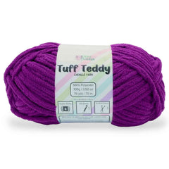 Purple skein of yarn with a label on a white background