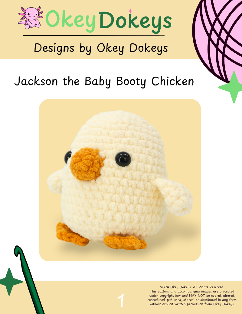 A crochet chicken pattern named Jackson the Baby Booty Chicken, showing the finished product and the brand's logo.