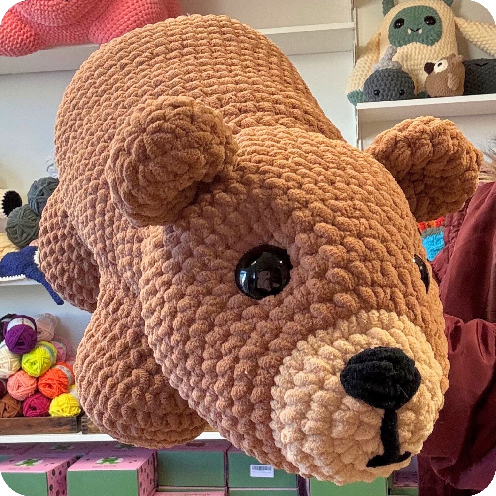 Large brown crochet bear made from okey dokeys jumbo yarn