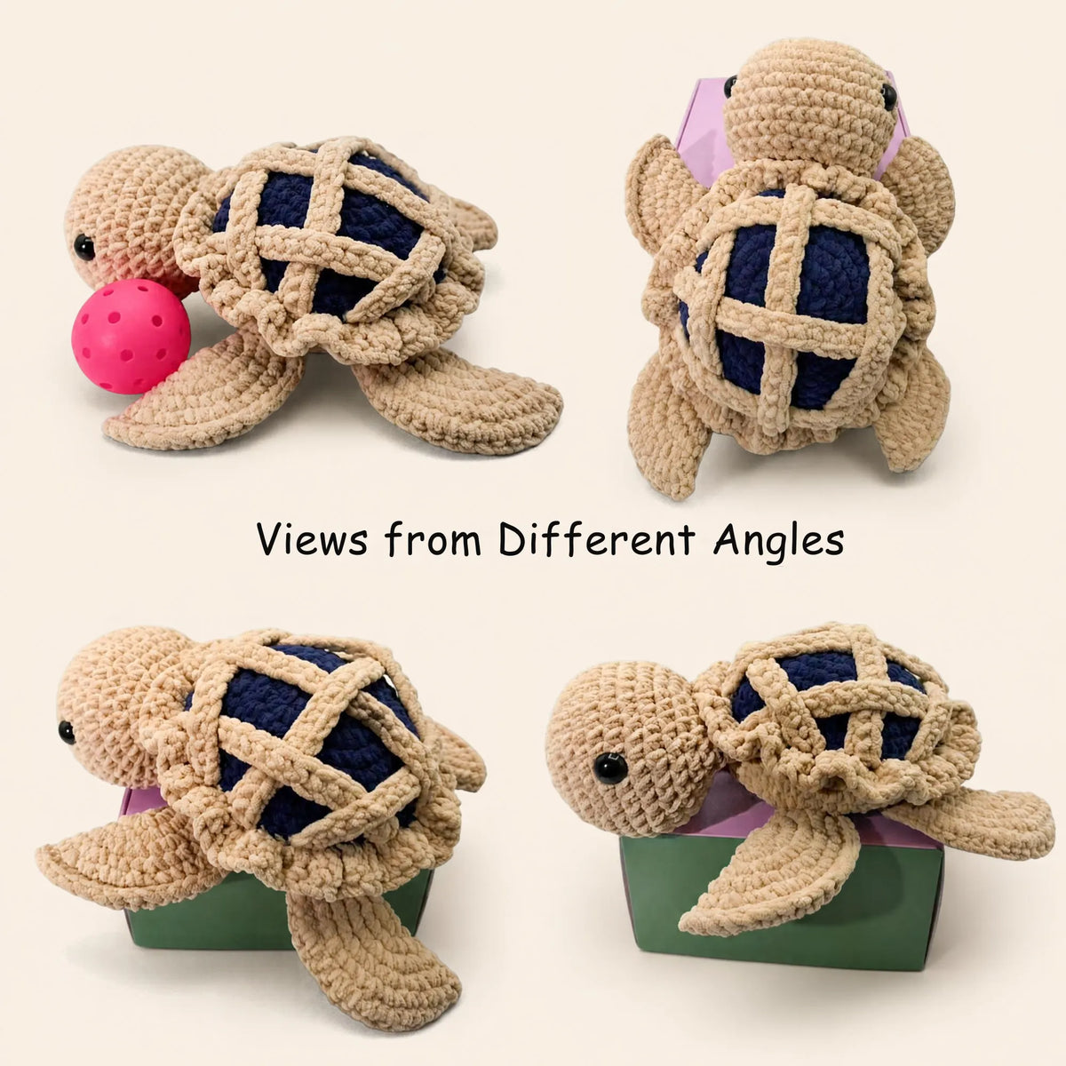A crocheted turtle toy shown in four views from different angles on a light beige background. The turtle is made of beige yarn with a dark navy blue crocheted shell and a small pink ball near one eye in one view.