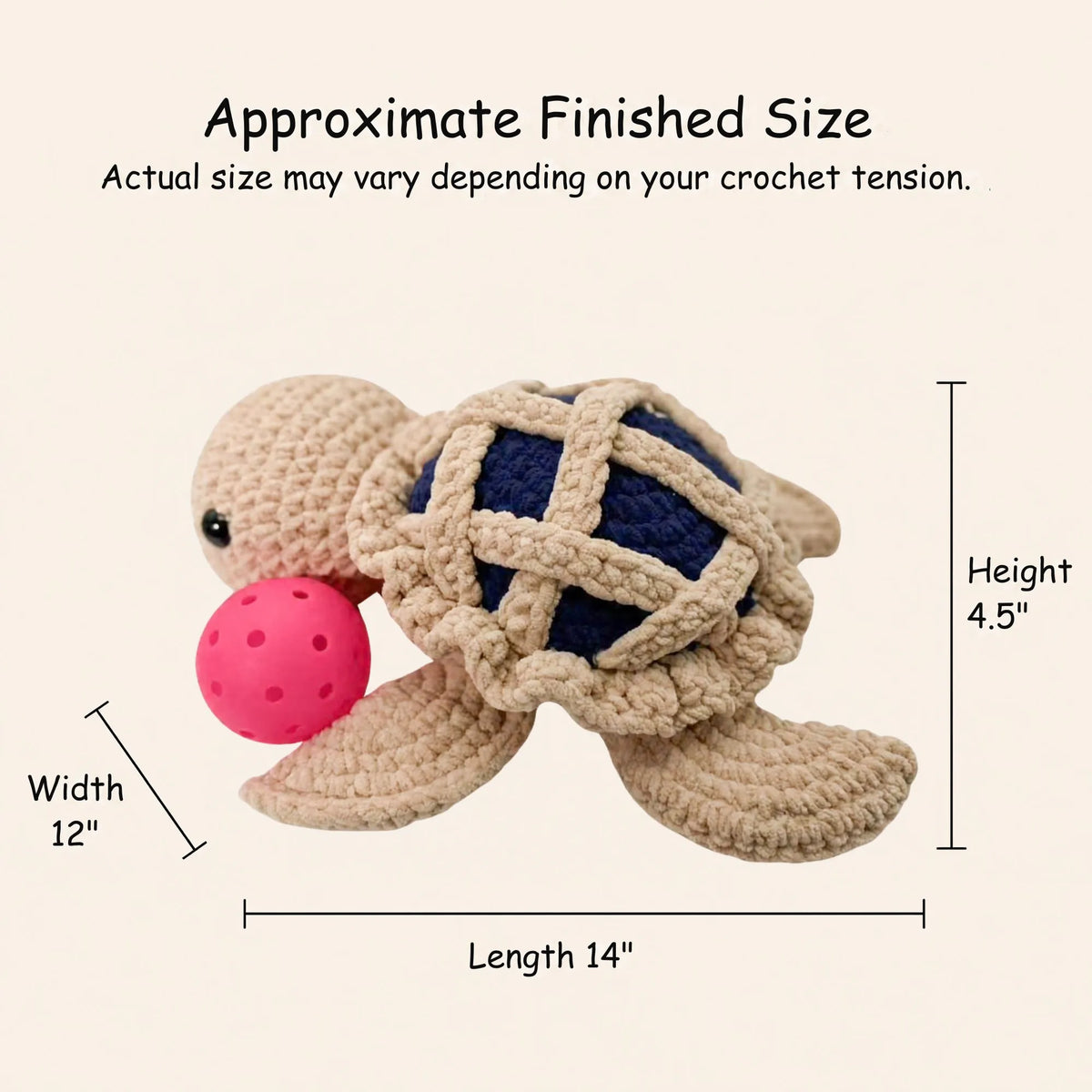 Crocheted turtle toy with a pink ball, shown with dimension lines and text indicating approximate finished size: height 4.5 inches, width 12 inches, and length 14 inches on a light beige background.