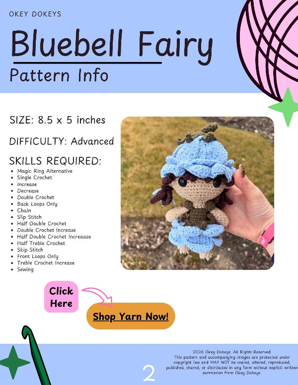Pattern info for a crochet Bluebell Fairy with yarn ball and crochet hook on a blue background.