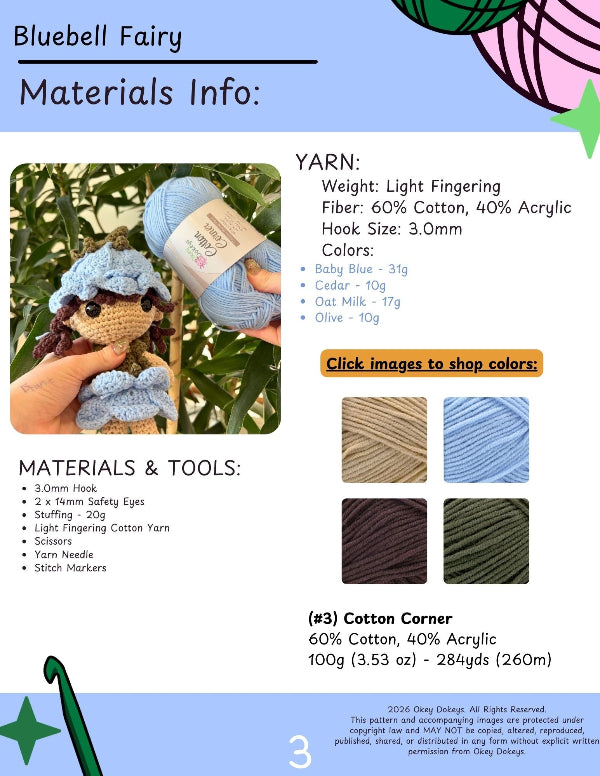Yarn and crochet materials information for a Bluebell Fairy project with color swatches and product images.