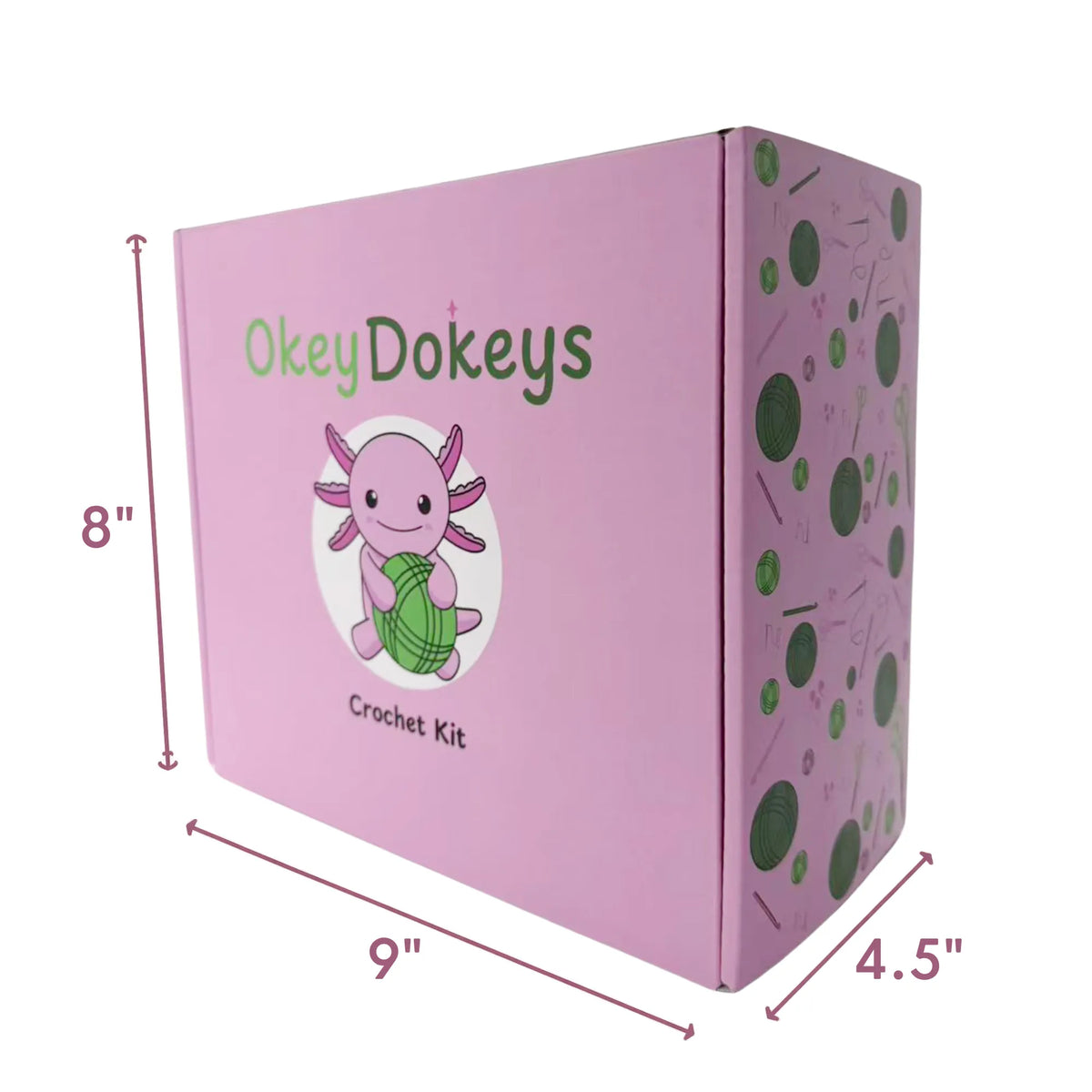 Pink OkeyDokeys Crochet Kit box with dimension labels showing 8 inches tall, 9 inches wide, and 4.5 inches deep, on a white background.