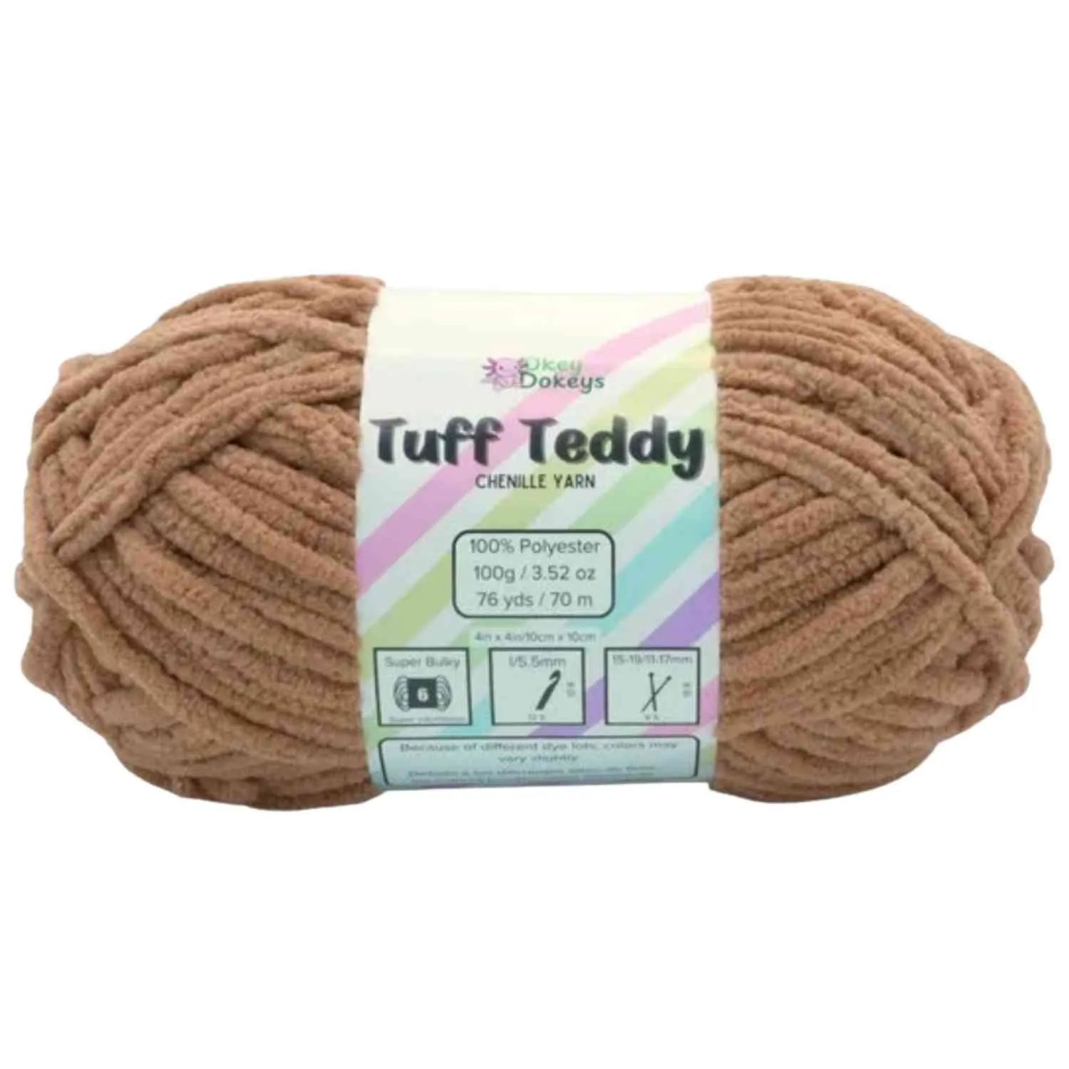 Ball of Tuff Teddy yarn with a label on a white background