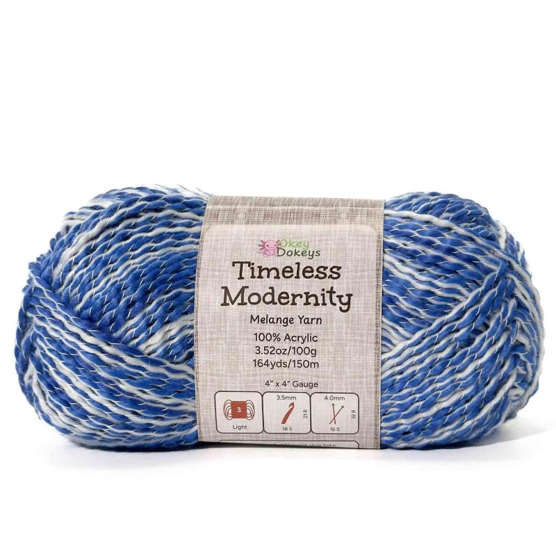 Blue and white yarn ball with a label on a white background