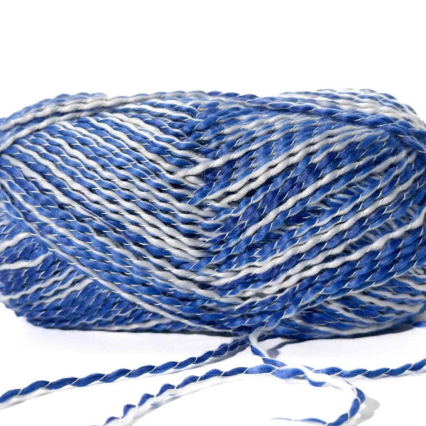 Blue and white striped yarn on a white background