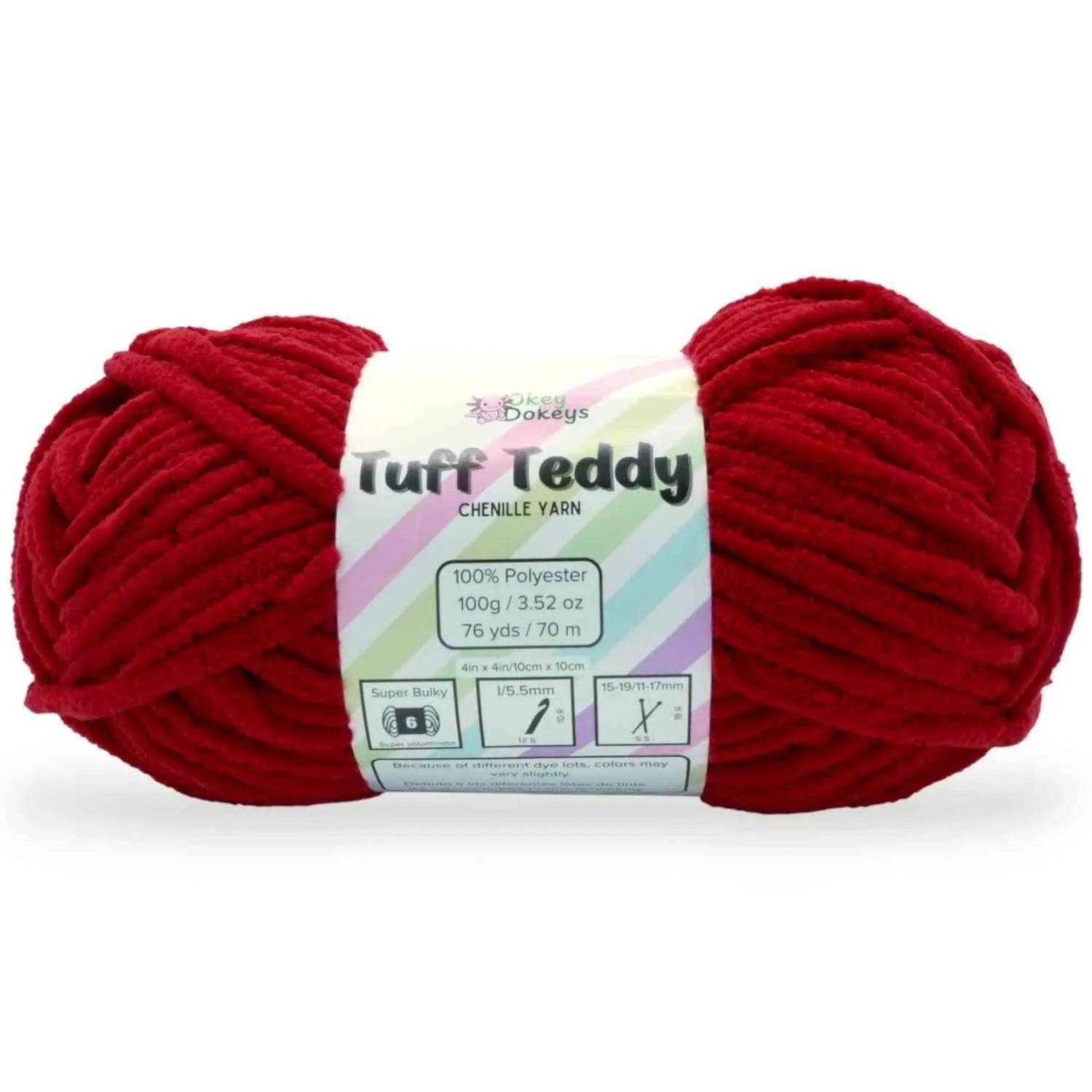 Red skein of Tuff Teddy Chenille Yarn with a label on a white background