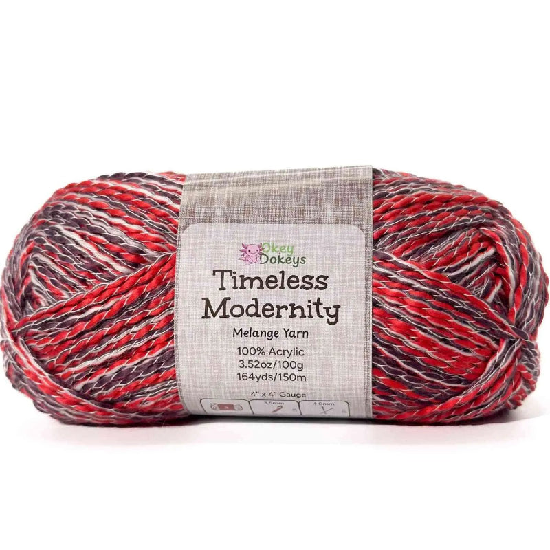 Red and gray yarn skein with a label on a white background