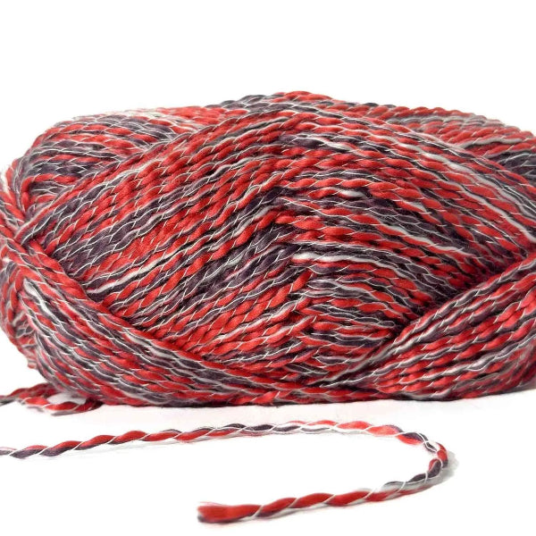 Red and gray skein of yarn on a white background