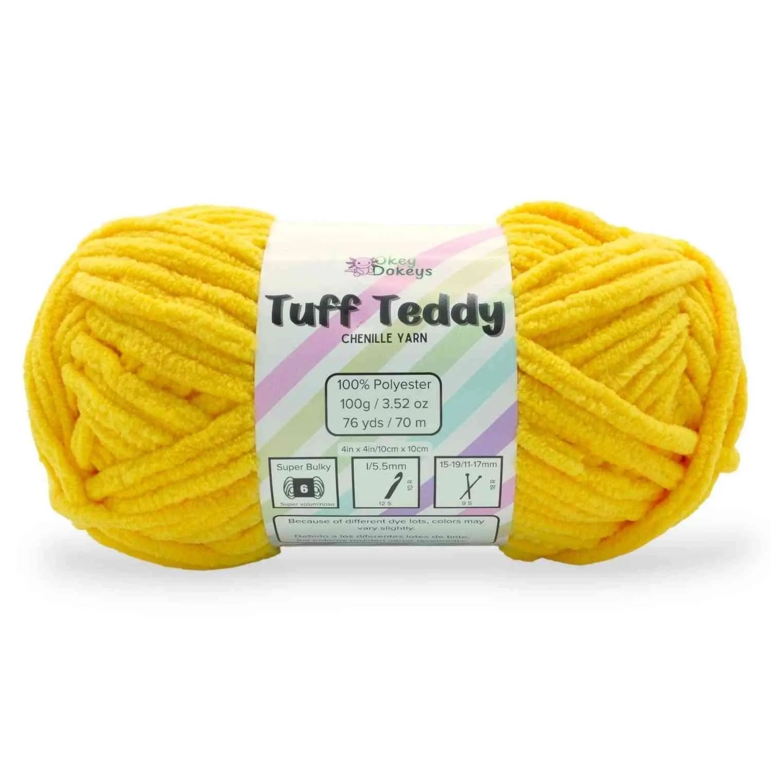 Yellow skein of yarn with a label on a white background
