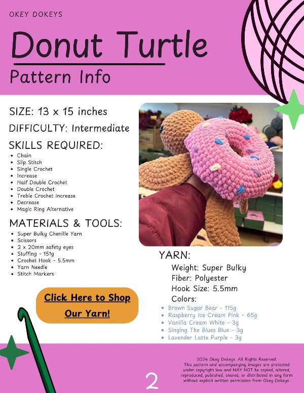 Pattern info for a crocheted donut turtle with yarn requirements and tools on a pink background.