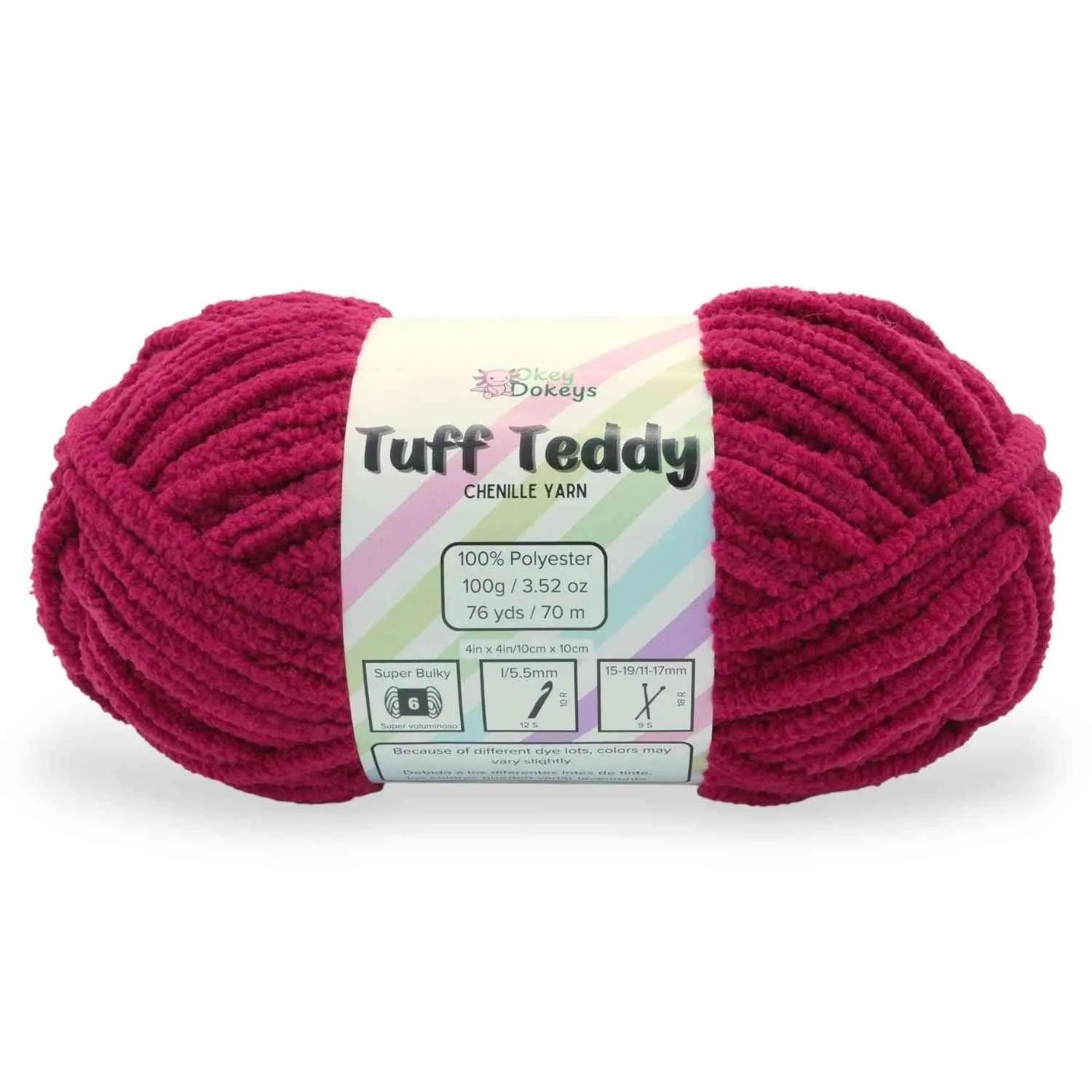 Ball of pink yarn with a label on a white background