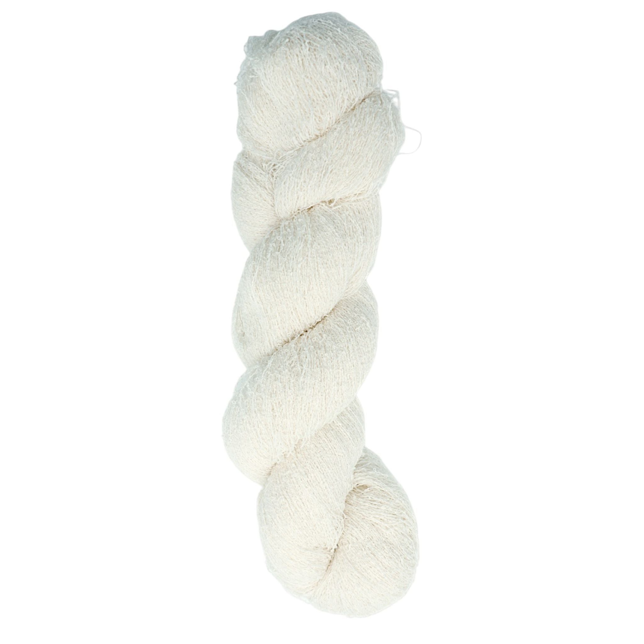 white skein of thin lace boucle yarn 