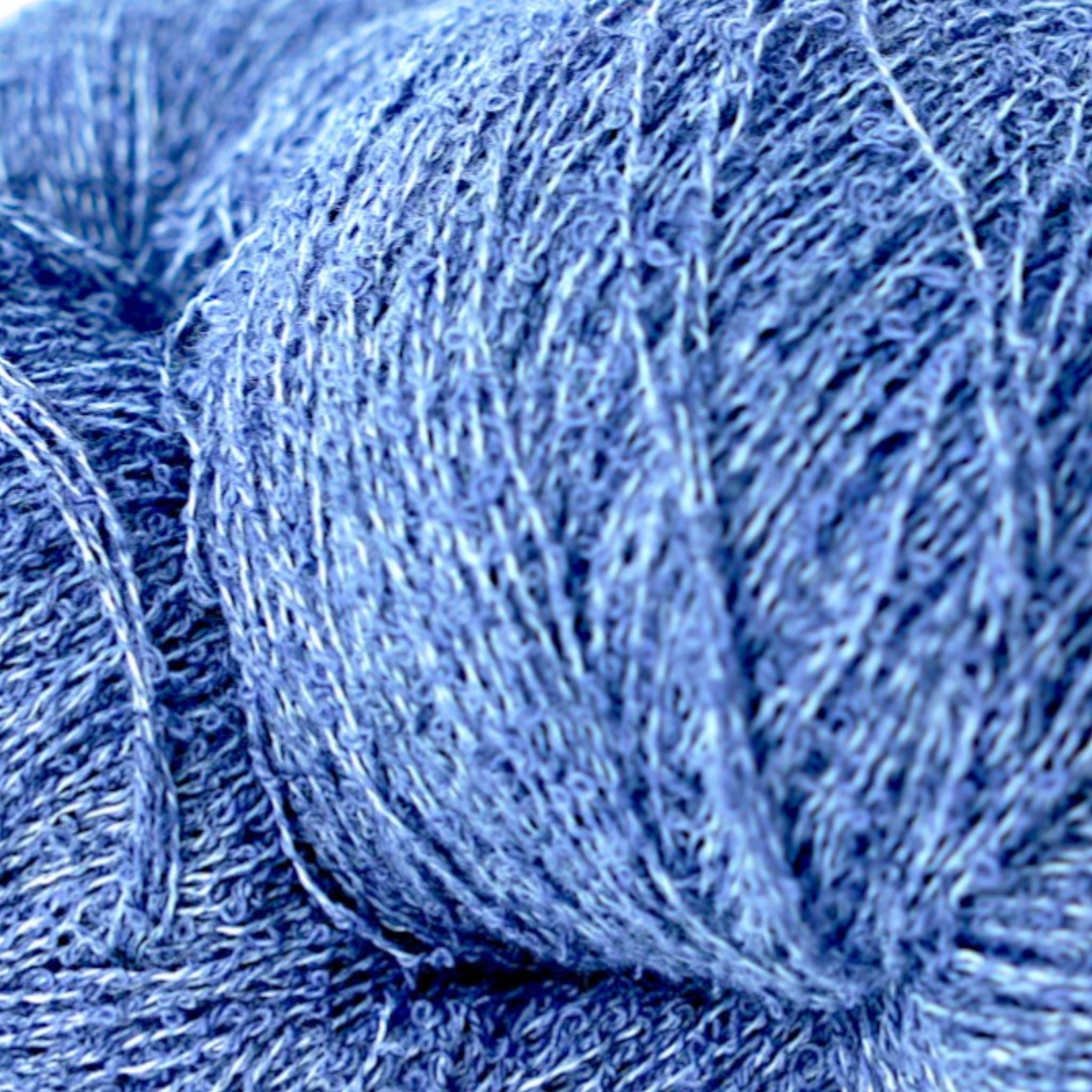 close up view of purple boucle yarn