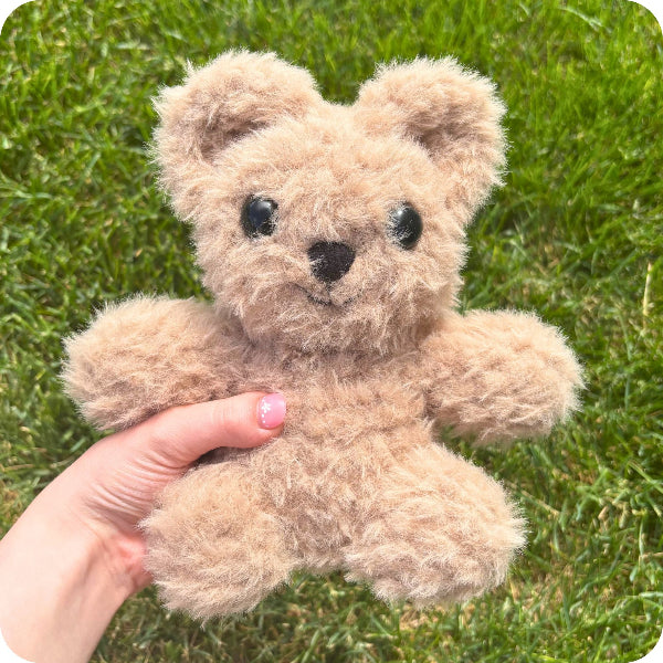 Beige teddy bear held in a hand against a grassy background
