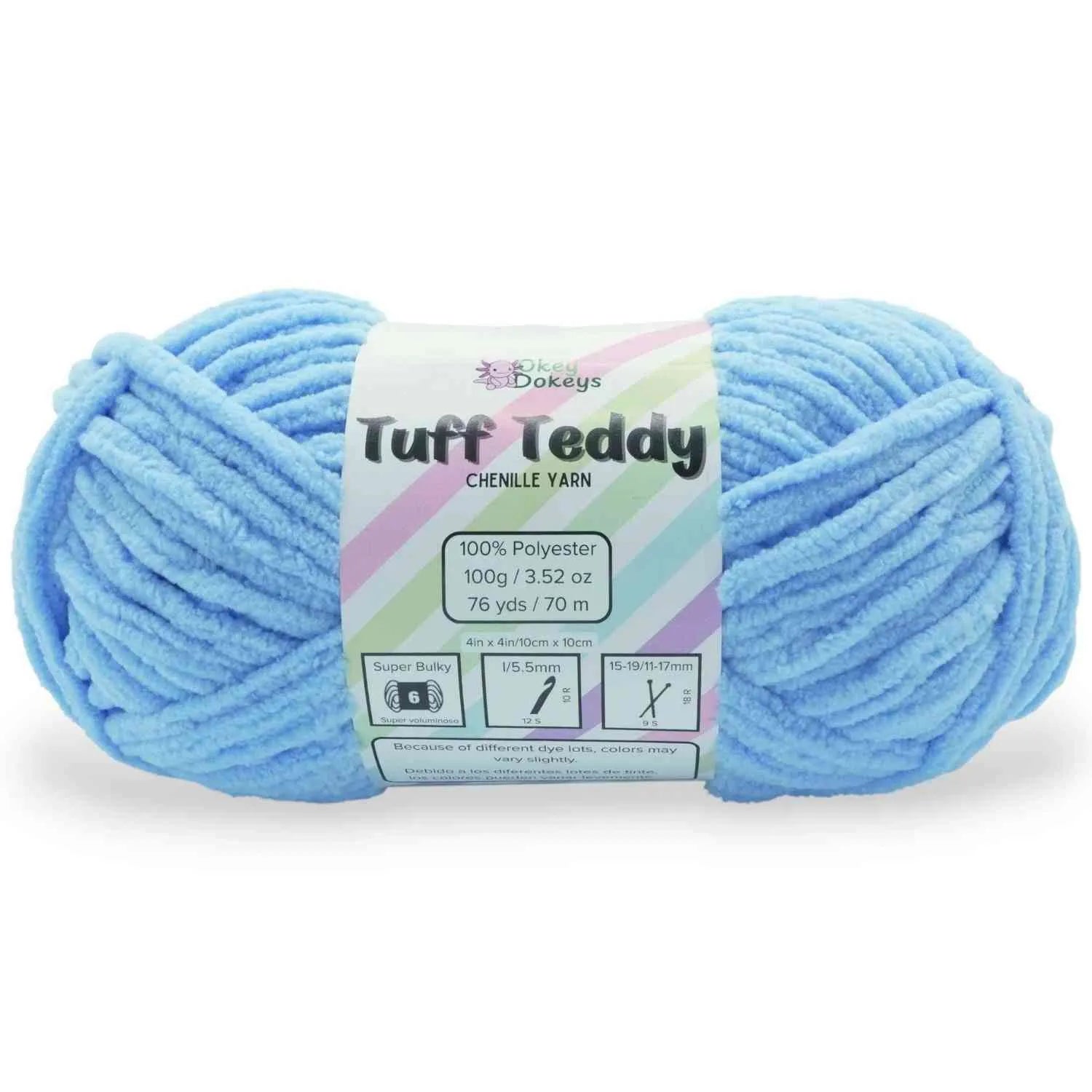 Light blue skein of Tuff Teddy yarn with a Dokeys label on a white background