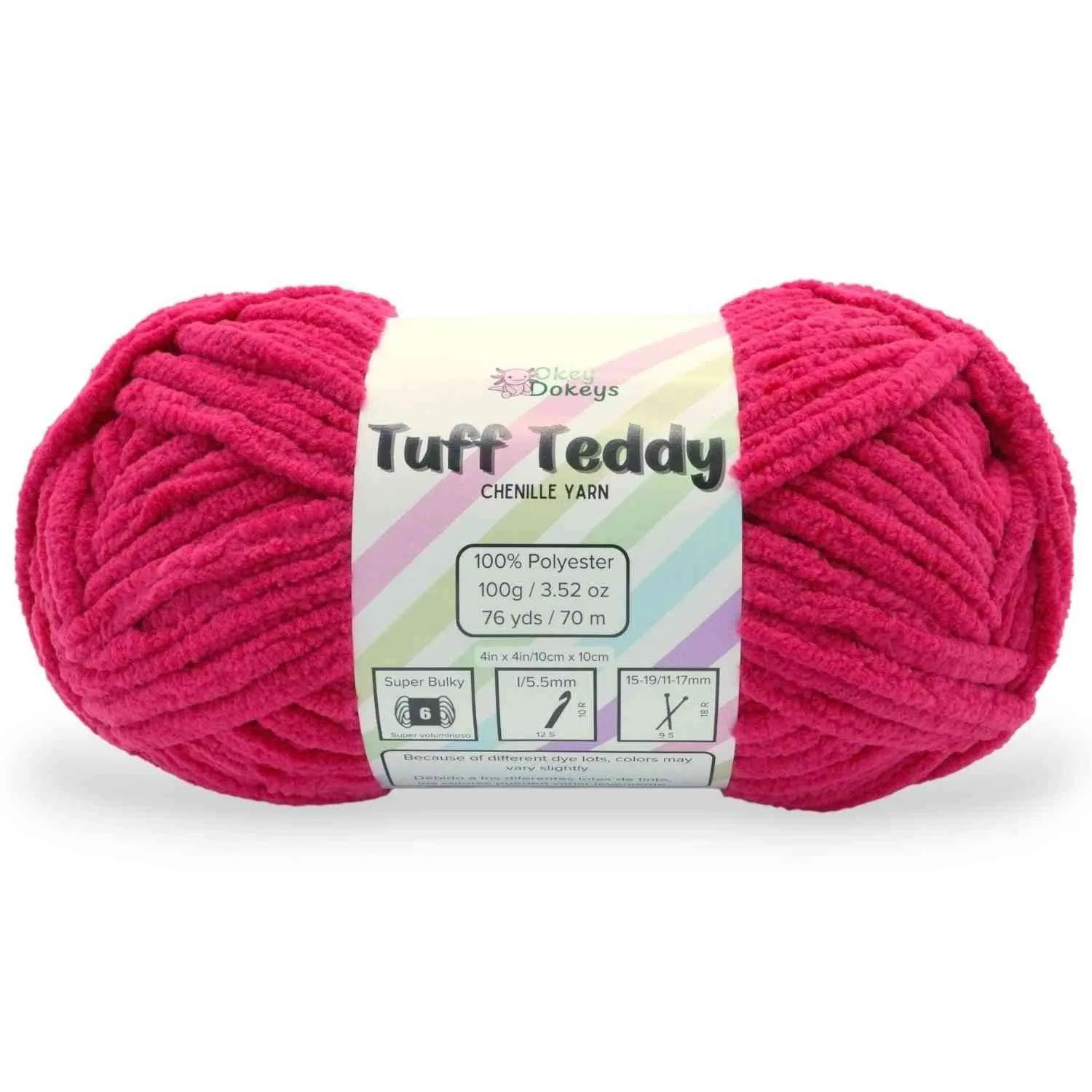 Pink skein of yarn with a label on a white background