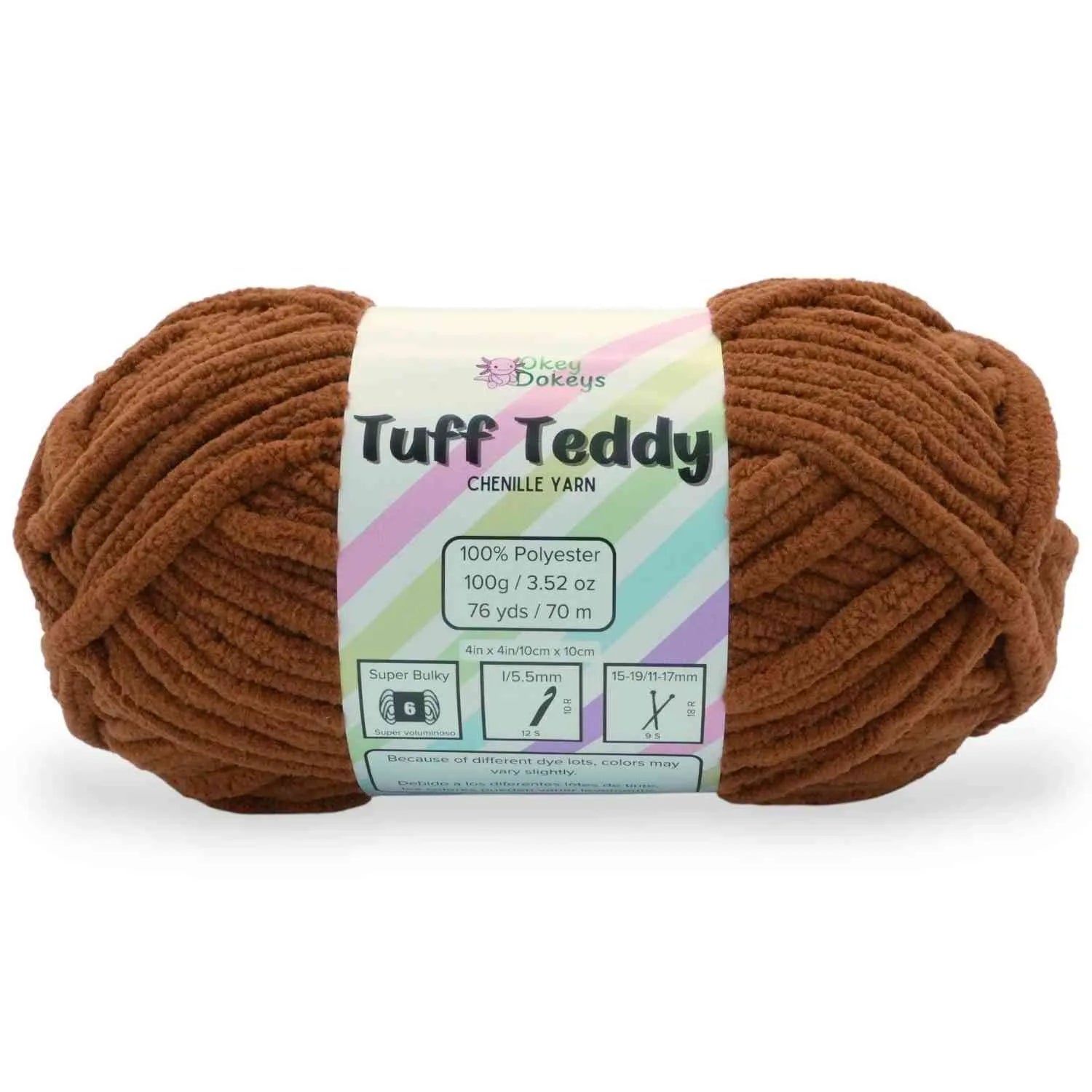 Brown skein of Tuff Teddy yarn with a label on a white background