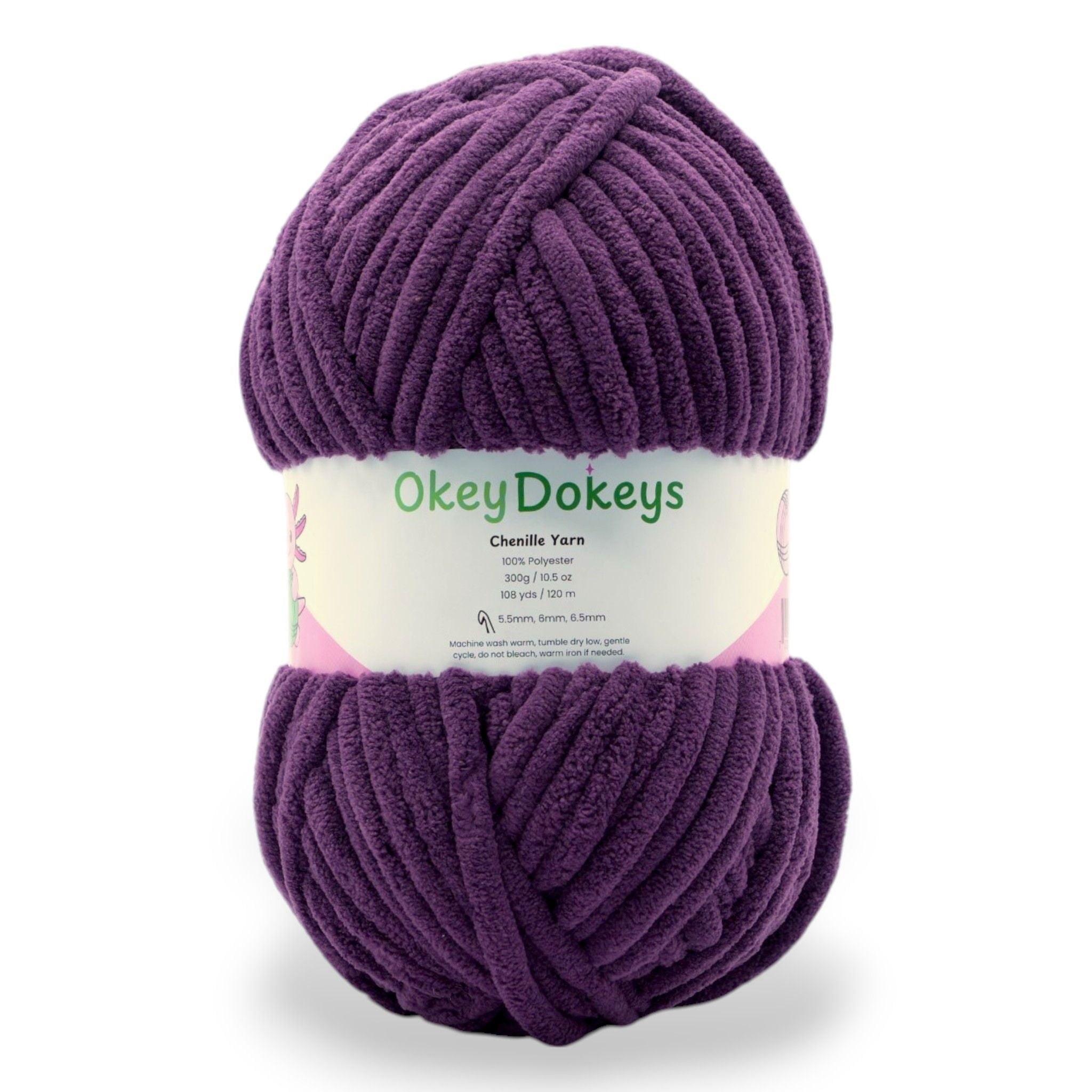 a skein of dark purple size jumbo chenille yarn from okey dokeys 