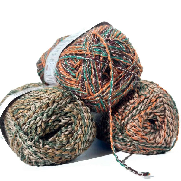 Three skeins of multicolored yarn on a white background