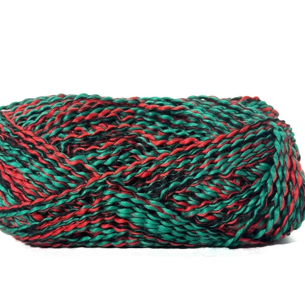 Green and red twisted yarn on a white background
