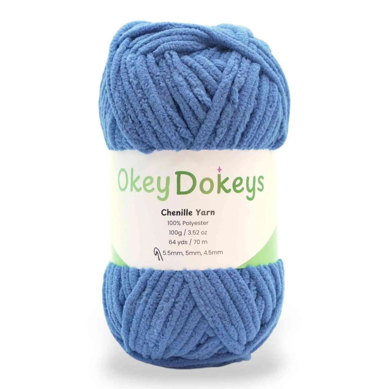 Blue skein of Okey Dokey Chenille Yarn on a white background