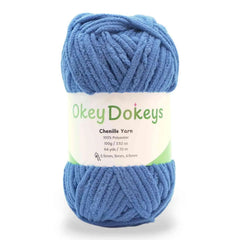 Blue skein of Okey Dokey Chenille Yarn on a white background