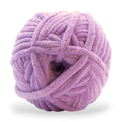purple chenille chunky yarn skein on its side showing the soft texture