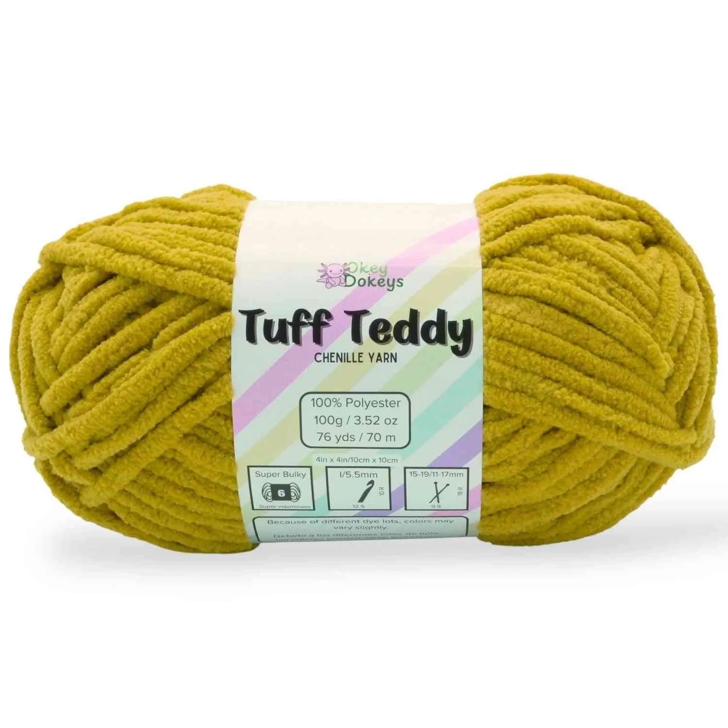 Yellow skein of Tuff Teddy yarn with a label on a white background
